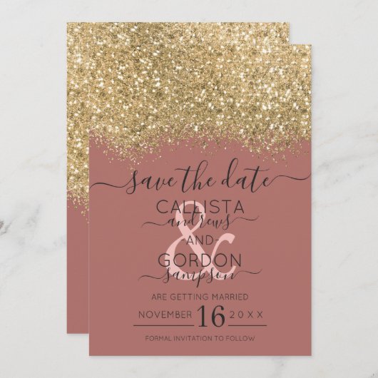 Chic Gold Dusty Rose Glitzer Confetti Wedding Save The Date (Vorne/Hinten)
