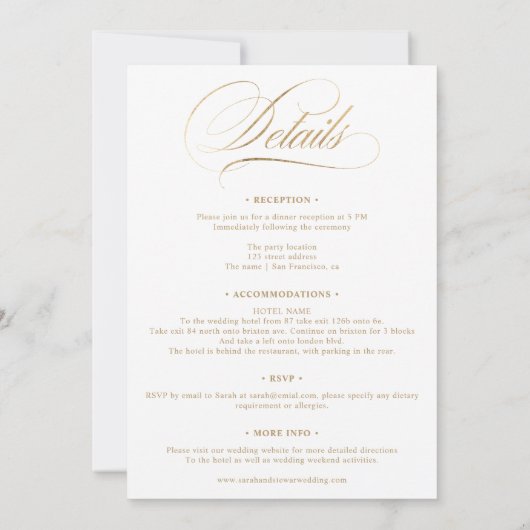 Chic Gold elegant alles in einer kalligraphischen Einladung (Rückseite)