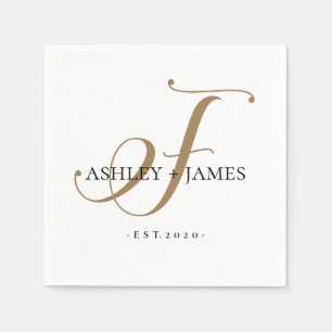 Chic Gold F Monogram Script Name Wedding Date Serviette