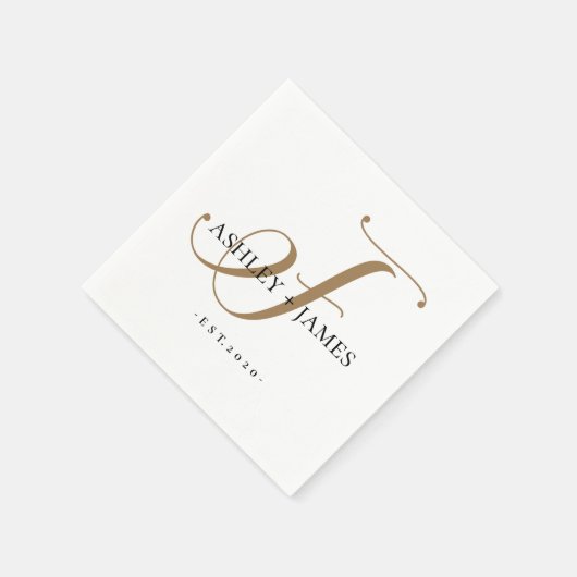 Chic Gold F Monogram Script Name Wedding Date Serviette (Ecke)
