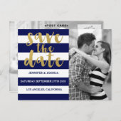 Chic Gold | Fett blaues Streifen-Foto Save the Dat Ankündigungspostkarte (Vorne/Hinten)