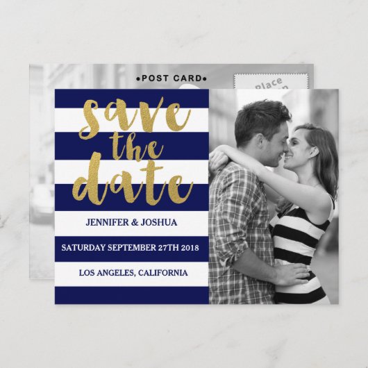 Chic Gold | Fett blaues Streifen-Foto Save the Dat Ankündigungspostkarte (Vorne/Hinten)