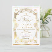 Chic Gold Flora Script Wedding Einladung (Stehend Vorderseite)