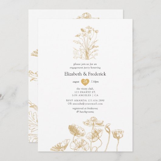 Chic Gold Floral Engagement Party Einladung (Vorne/Hinten)