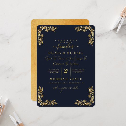 CHIC GOLD FLORAL FRAME FOIL & GOLDEN DARK WEDD EINLADUNG (Vorderseite/Rückseite Beispiel)