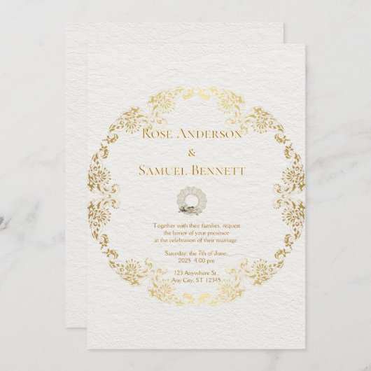 Chic Gold Floral Wedding Einladung (Vorne/Hinten)