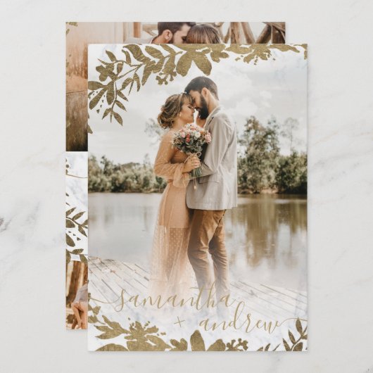 Chic gold florale Marmor Drehbuch 5 Fotos Hochzeit Einladung (Vorne/Hinten)