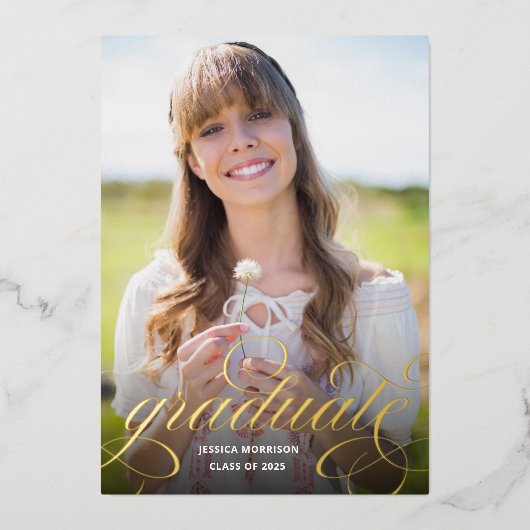 Chic Gold Foil Calligraphy Foto Graduation Party Folieneinladung (Vorderseite)