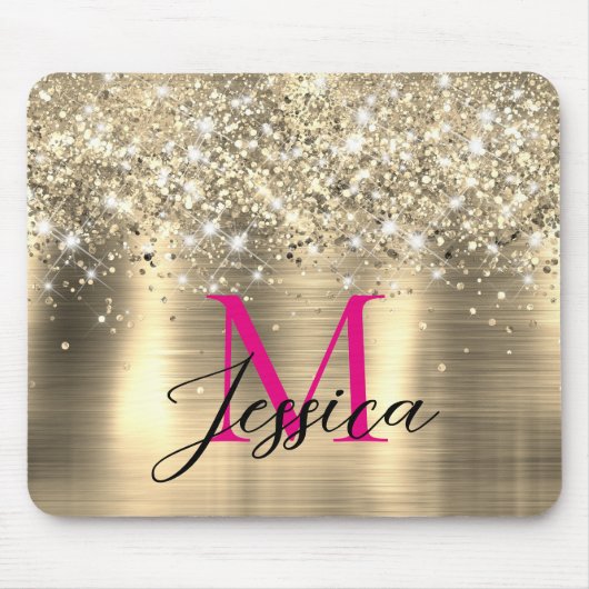 Chic Gold Foil Faux Glitter Hot Pink Monogram Mousepad (Vorne)