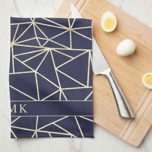 Chic Gold Foil Geometric Polygon Navy Blue Geschirrtuch (Viertel Falte)