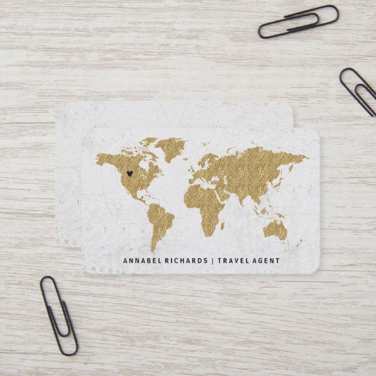 Chic Gold Foil World Map Travel Agency oder Blogge Visitenkarte (Vorderseite/Rückseite Beispiel)