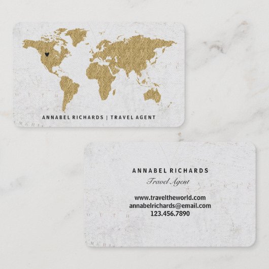 Chic Gold Foil World Map Travel Agency oder Blogge Visitenkarte (Vorne/Hinten)