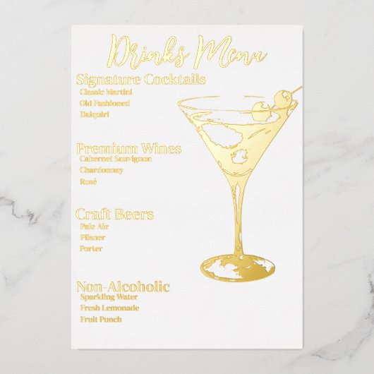 Chic Gold Foiled Drinks Party Bar Menü (Vorderseite)