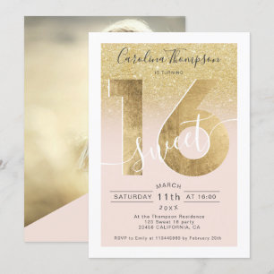Chic gold-Folie Glitzer Rosa Sweet 16 Foto Einladung