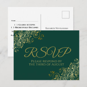 Chic Gold Frills auf Emerald Green Wedding RSVP Postkarte