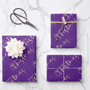 Chic Gold Frohe Weihnachten auf Lila Geschenkpapier Set