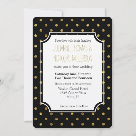 Chic Gold Glam und Black Dots Wedding Einladung (Vorderseite)