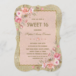 Chic Gold Glitter Blush Florale Sweet Sixteen Part Einladung