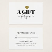 Chic Gold Glitter Heart Gift Certificate Card (Vorne & Hinten)