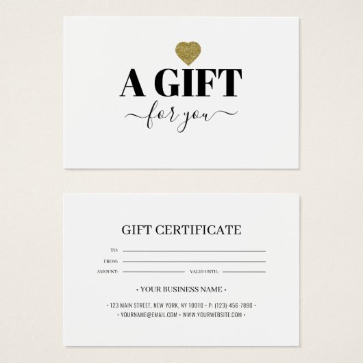 Chic Gold Glitter Heart Gift Certificate Card (Vorne & Hinten)