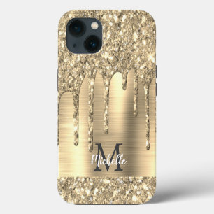 Chic Gold Glitter Tropfen Monogramm Pink Metall iPhone 13 Hülle