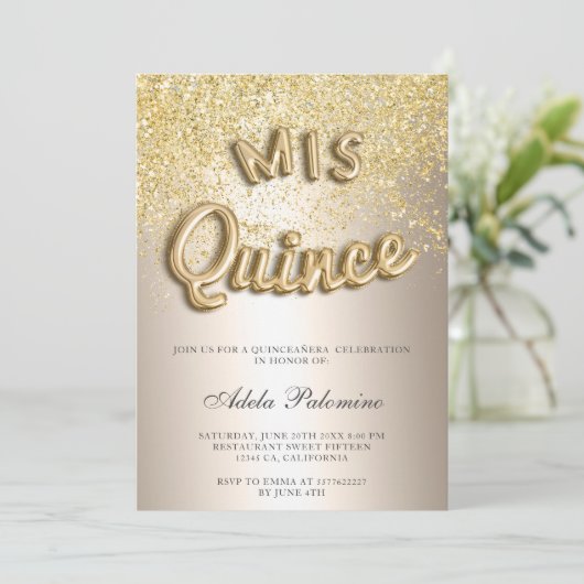 Chic Gold Glitzer Ballons Chic-Folie Quinceañera Einladung (Stehend Vorderseite)