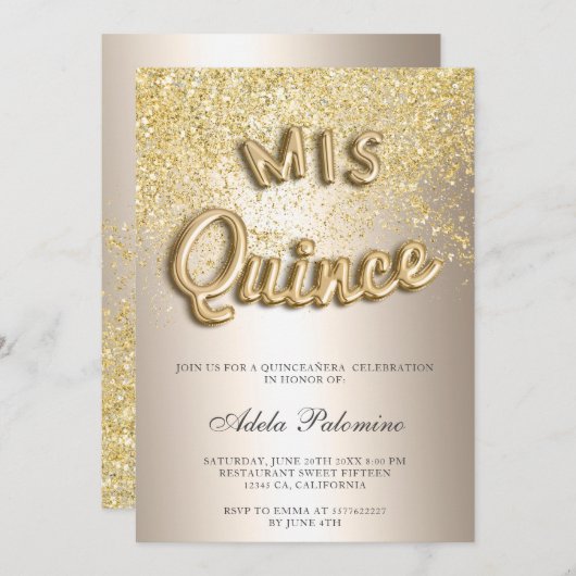 Chic Gold Glitzer Ballons Chic-Folie Quinceañera Einladung (Vorne/Hinten)
