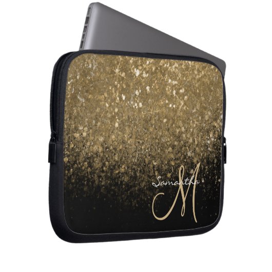 Chic Gold Glitzer & Black Mit Monogramm Laptopschutzhülle (Vorne Rechts)