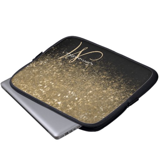 Chic Gold Glitzer & Black Mit Monogramm Laptopschutzhülle (Vorne Knopf)