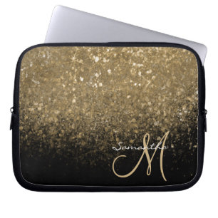 Chic Gold Glitzer & Black Mit Monogramm Laptopschutzhülle