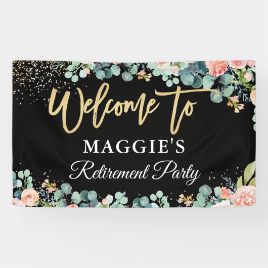 Chic Gold Glitzer Coral Floral Retirement Party Banner (Horizontal)