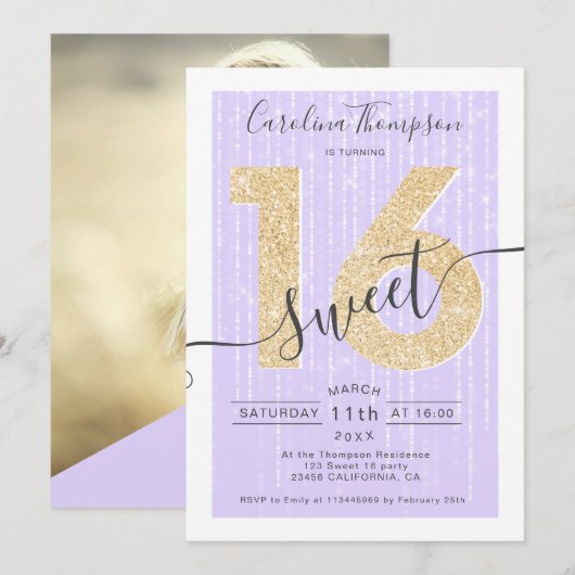 Chic Gold Glitzer Drehbuch Lavendel Sweet 16 Foto Einladung (Vorne/Hinten)