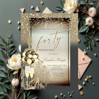 Chic Gold Glitzer Dress,Balloons,40. Geburtstag Einladung