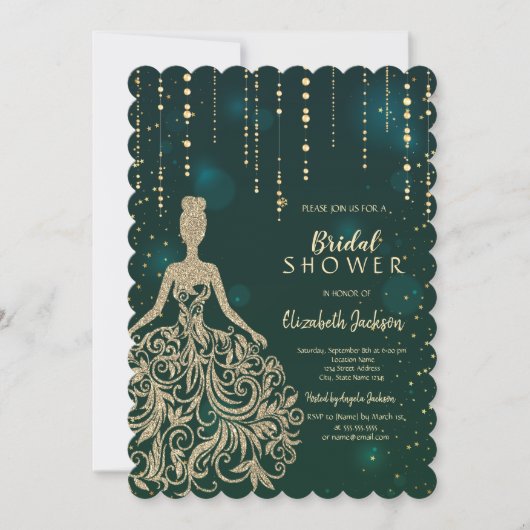 Chic Gold Glitzer Dress Green Brautparty Einladung (Vorderseite)