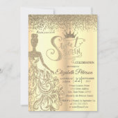 Chic Gold Glitzer Dress, Tiara, Diamonds Sweet 16 Einladung (Vorderseite)