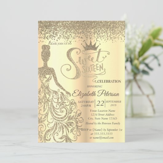 Chic Gold Glitzer Dress, Tiara, Diamonds Sweet 16 Einladung (Stehend Vorderseite)