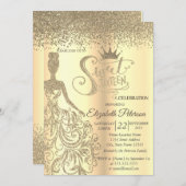 Chic Gold Glitzer Dress, Tiara, Diamonds Sweet 16 Einladung (Vorne/Hinten)