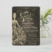 Chic Gold Glitzer Dress, Tiara Quinceañera Einladung (Stehend Vorderseite)