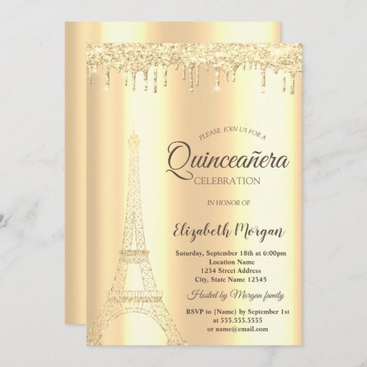 Chic Gold Glitzer Eiffelturm, Tropfen Quinceañera Einladung (Vorne/Hinten)
