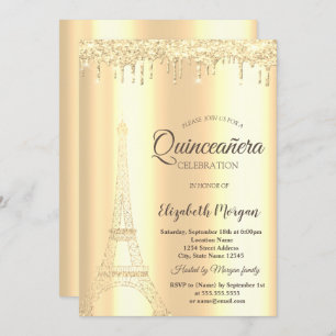 Chic Gold Glitzer Eiffelturm, Tropfen Quinceañera Einladung