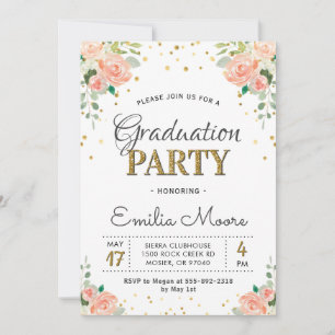 Chic Gold Glitzer Floral Peony Graduation Party Einladung