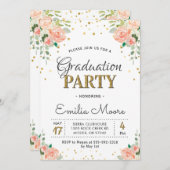 Chic Gold Glitzer Floral Peony Graduation Party Einladung (Vorne/Hinten)