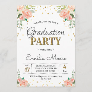 Chic Gold Glitzer Floral Peony Graduation Party Einladung