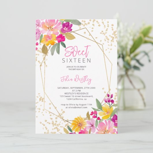 Chic gold Glitzer florale Aquarell Foto Sweet 16 Einladung (Stehend Vorderseite)