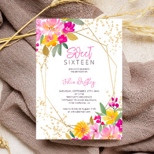 Chic gold Glitzer florale Aquarell Foto Sweet 16 Einladung