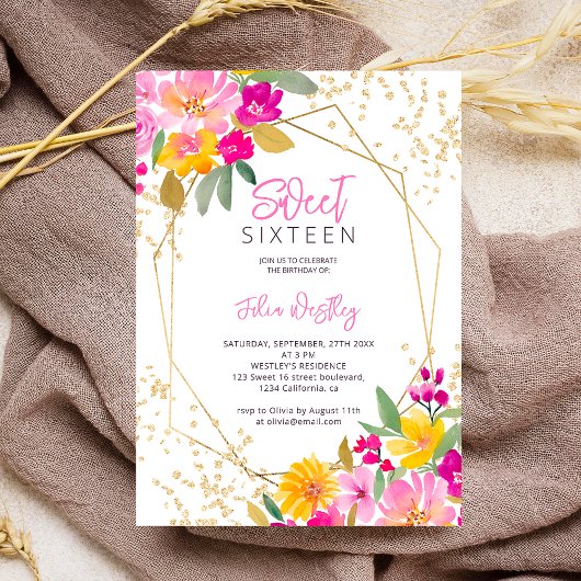Chic gold Glitzer florale Aquarell Foto Sweet 16 Einladung