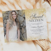 Chic gold Glitzer Foto aus weißem Marmor Sweet 16 Einladung