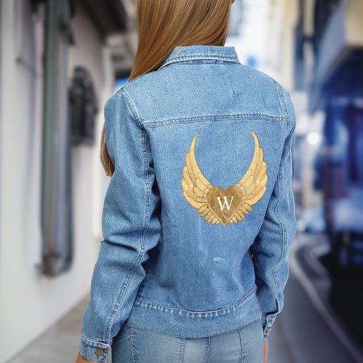 Chic Gold Glitzer Gems Custom Monogram Angel Wings Jeansjacke