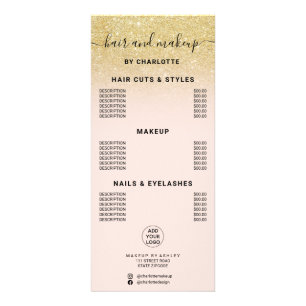 Chic gold Glitzer Kalligrafie Haar Make-up Preis Werbekarte