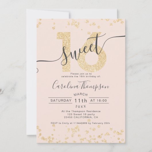 Chic gold Glitzer Konfetti rot Sweet 16 Foto Einladung (Vorderseite)